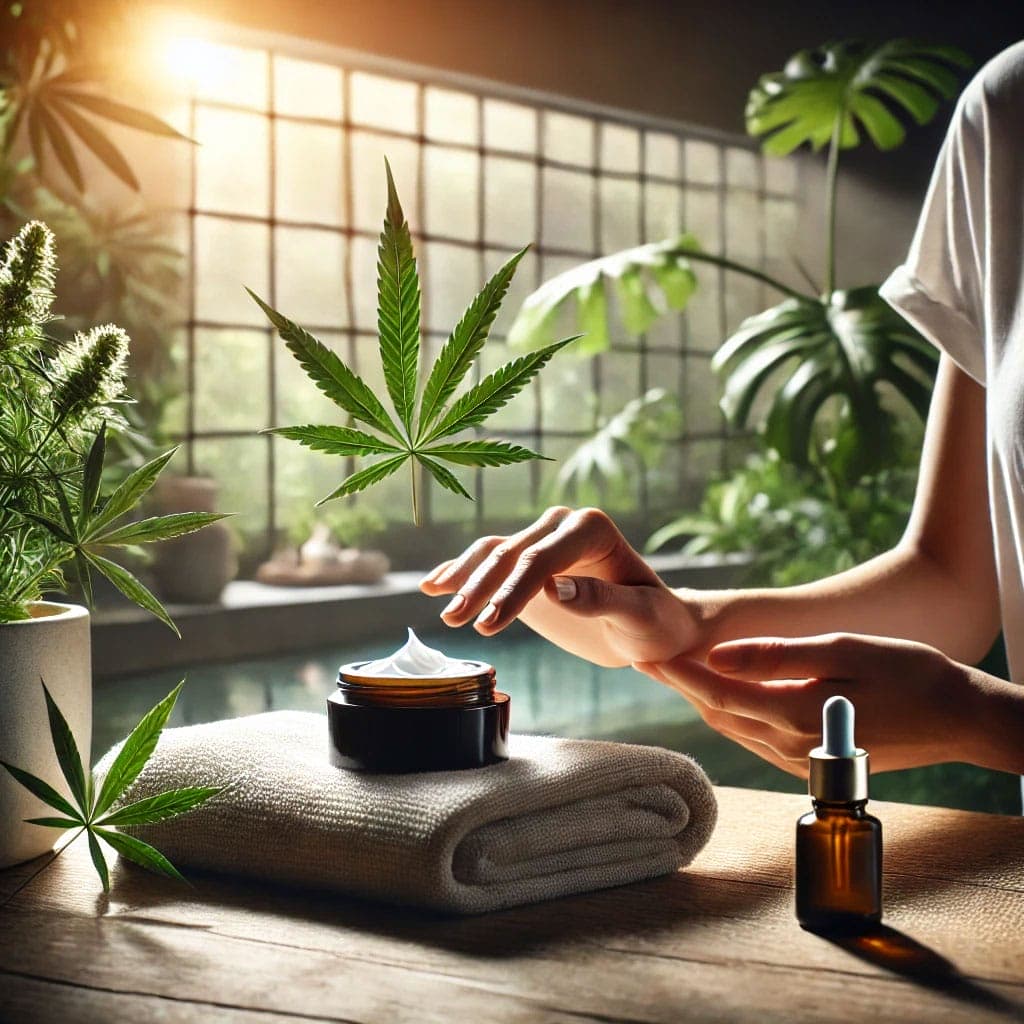 Person using cannabis-infused skincare in sunny room