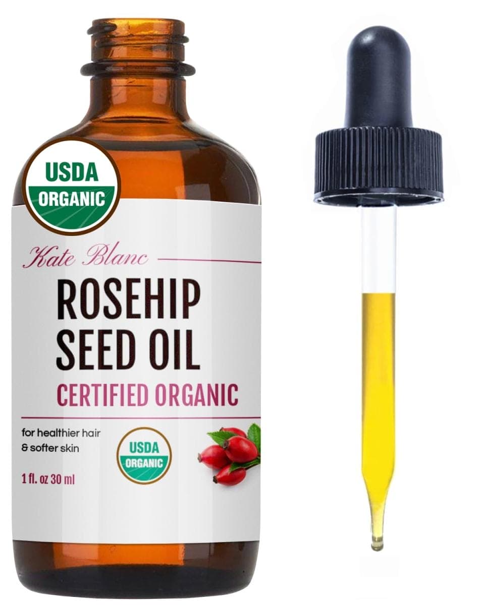 Organic rosehip seed oil with dropper.