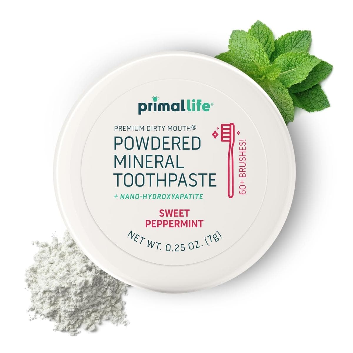 Primal Life powdered mineral toothpaste, sweet peppermint flavor.
