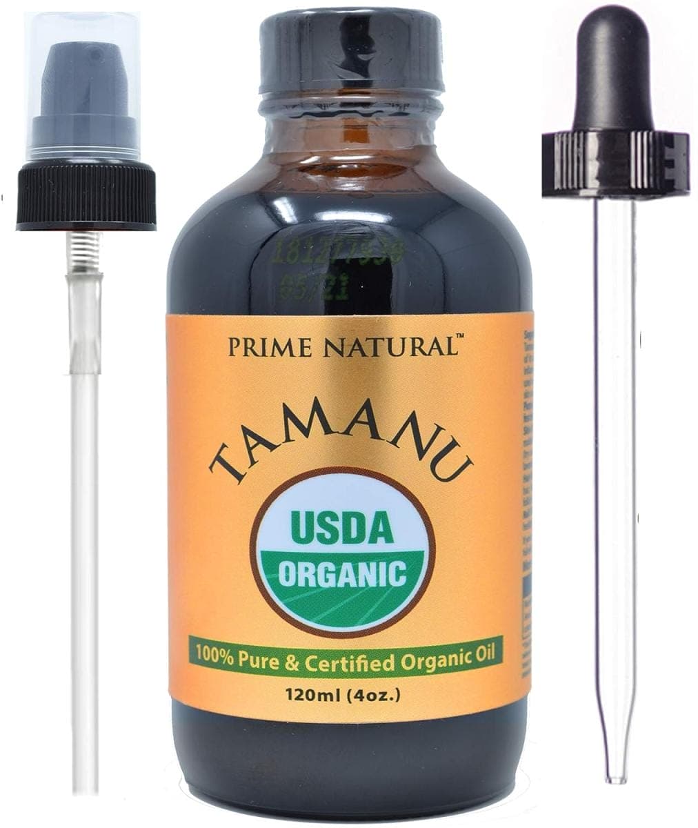 Organic Tamanu oil bottle with spray and dropper.