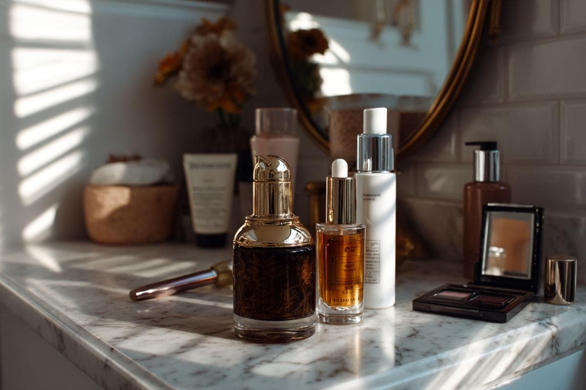 Luxury skincare products on marble vanity counter.