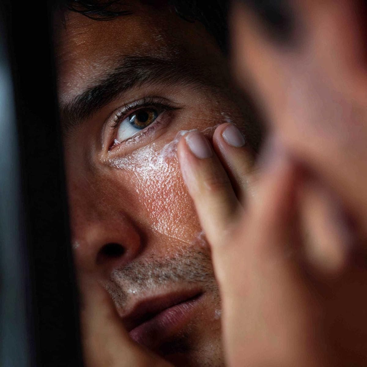 Man applying cream to face in mirror.
