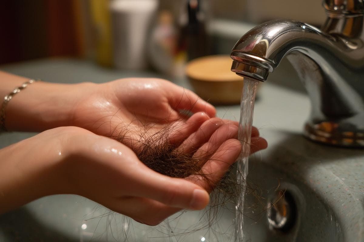 Hands holding hair under running faucet.