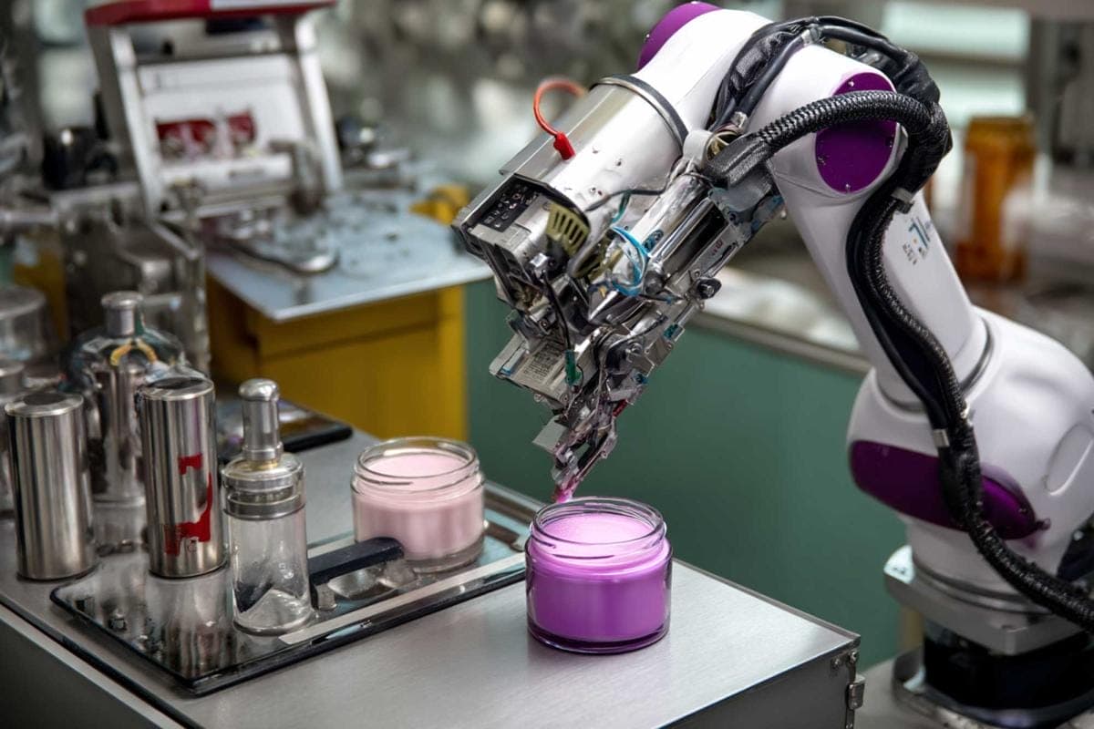 Robot arm filling pink cosmetics jars in factory.
