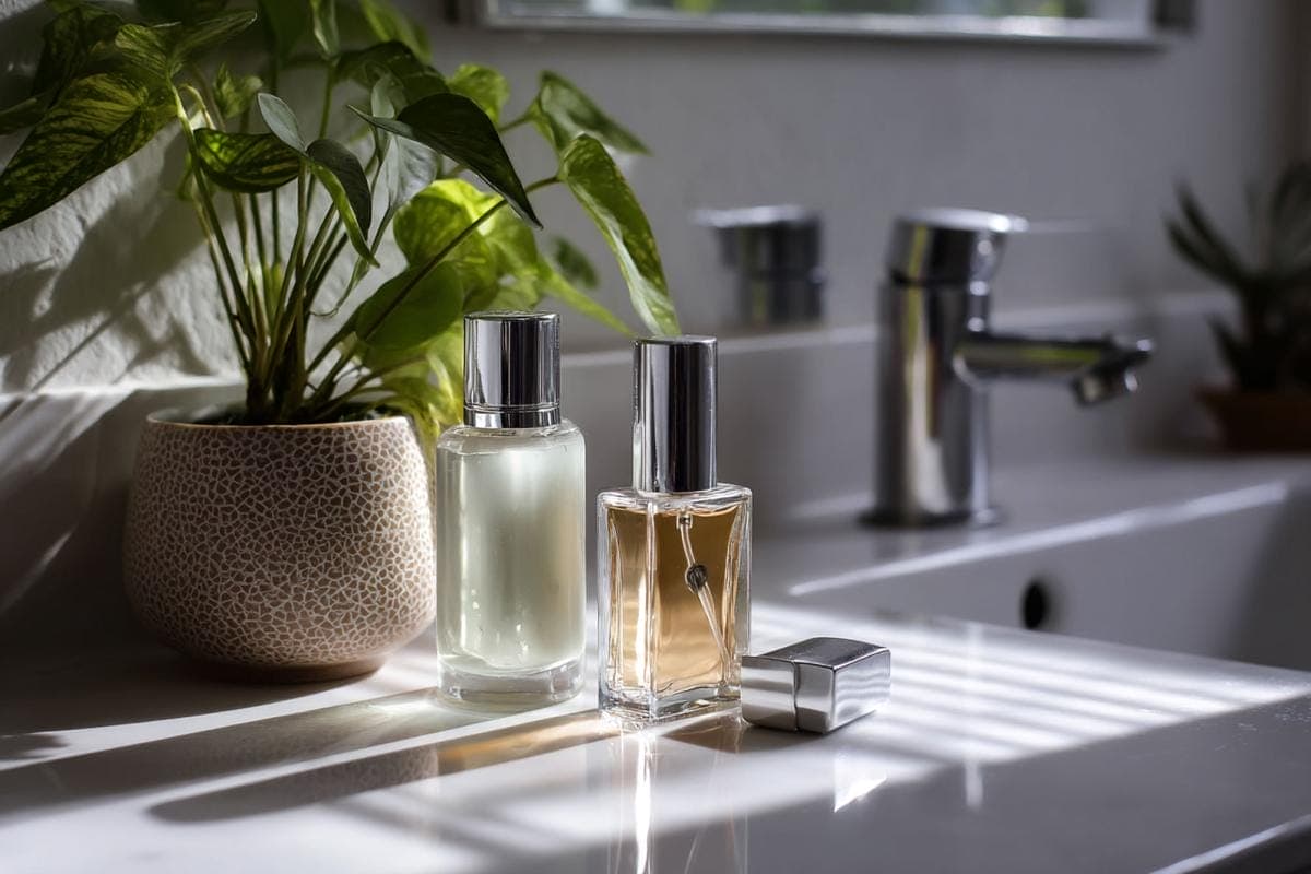Perfume bottles and plant on bathroom sink