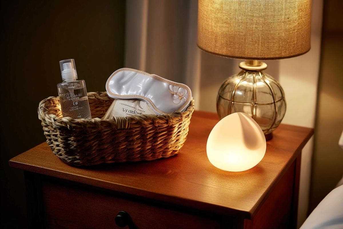 Bedside table with lamp, basket, and sleep mask.