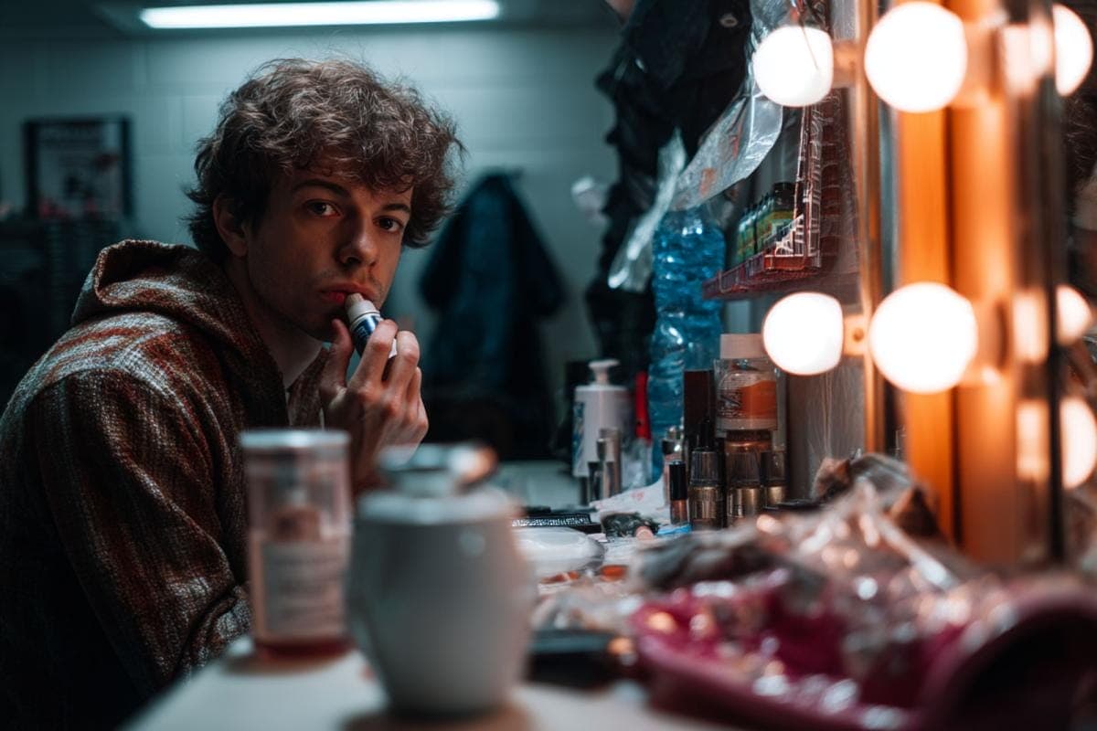 Person applying lip balm in dressing room.