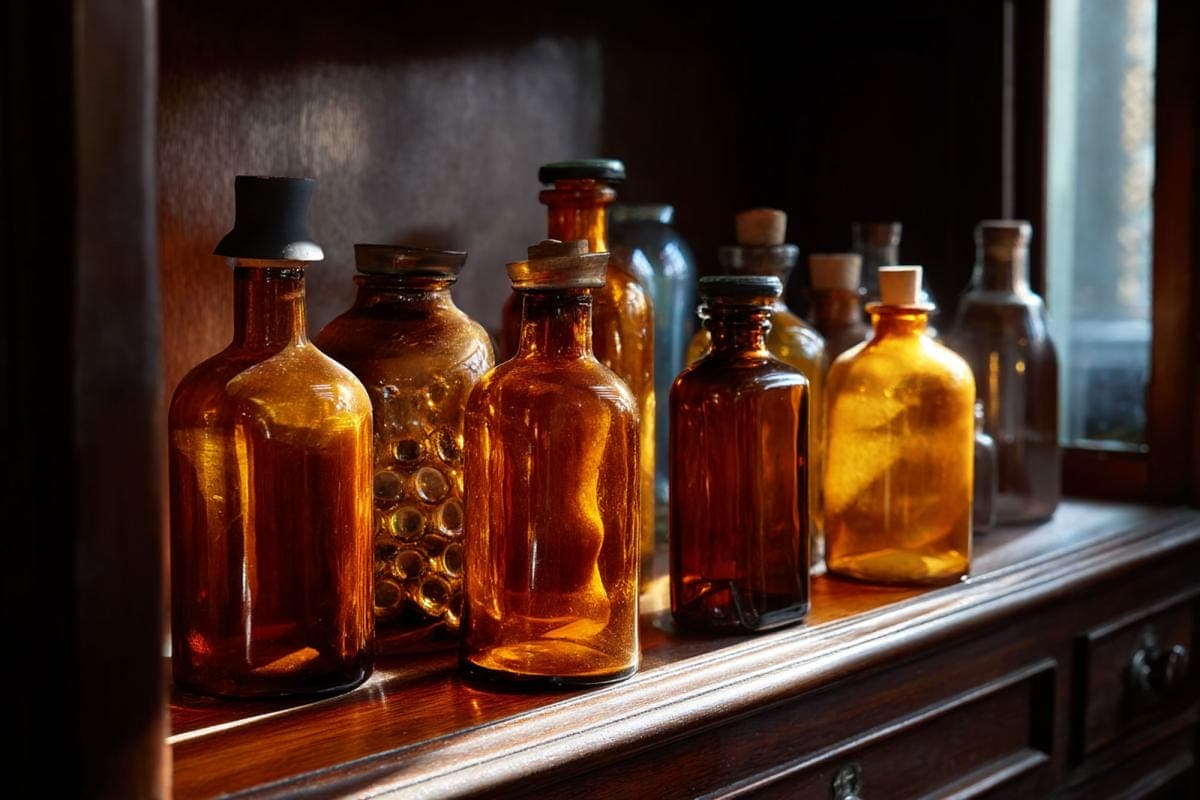 Antique amber glass bottles on wooden shelf