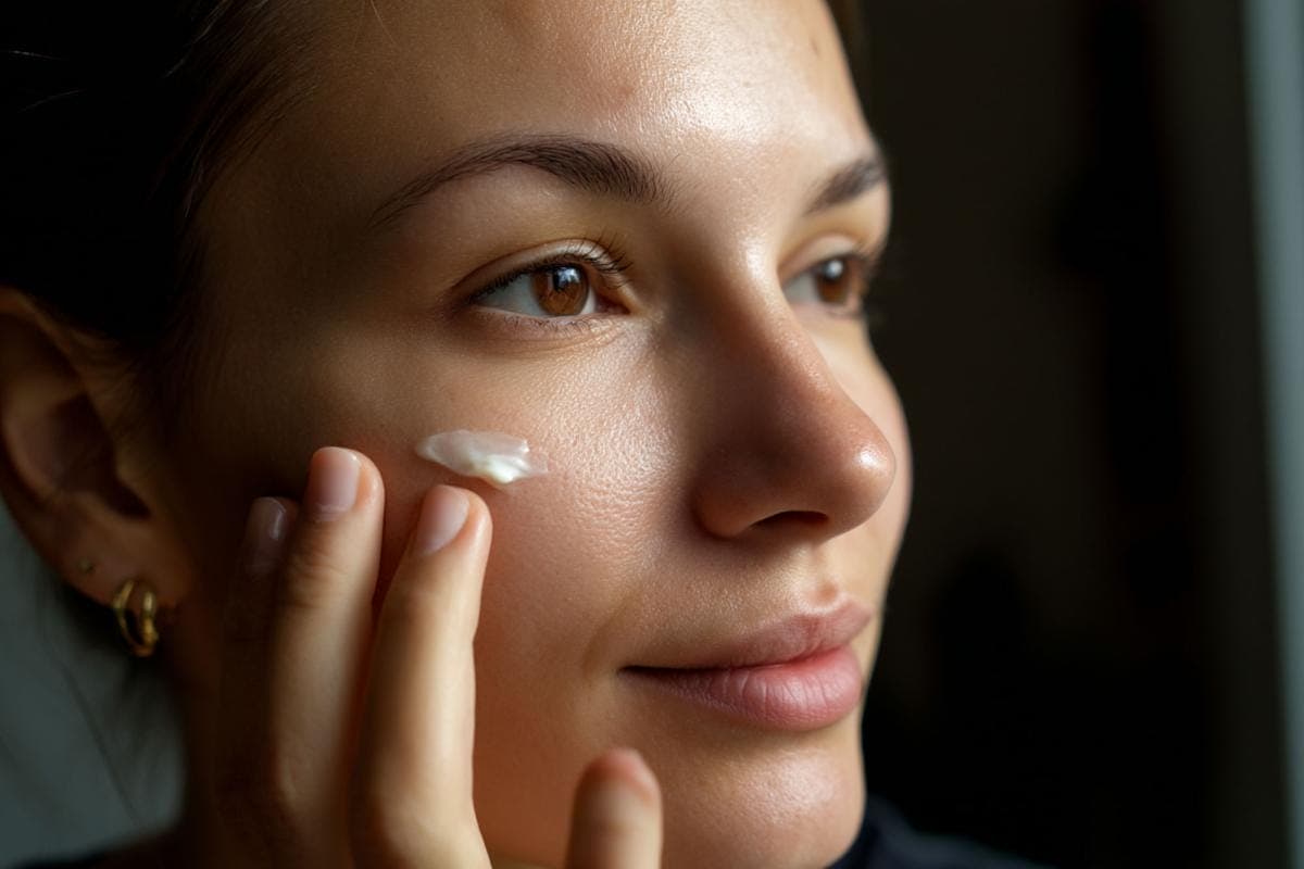 Woman applying face cream close-up