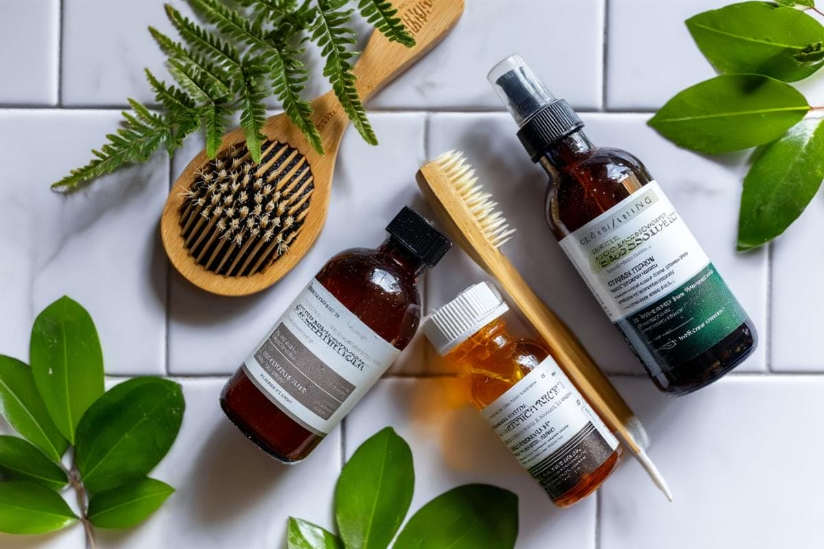 Natural hair care products with wooden brushes and leaves.