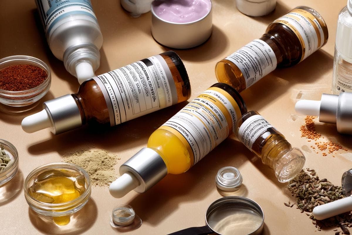 Assorted skincare serums and natural ingredients.