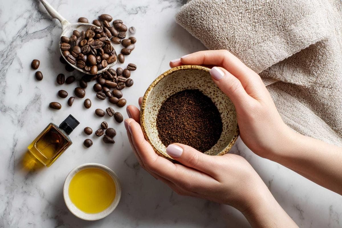 Hands holding coffee grounds with oils and beans.