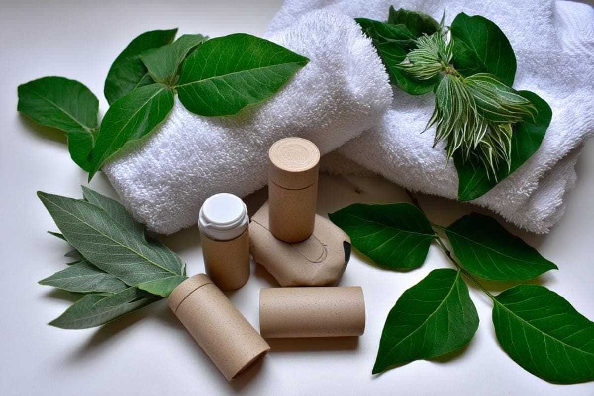 Eco-friendly toiletries with leaves and towels
