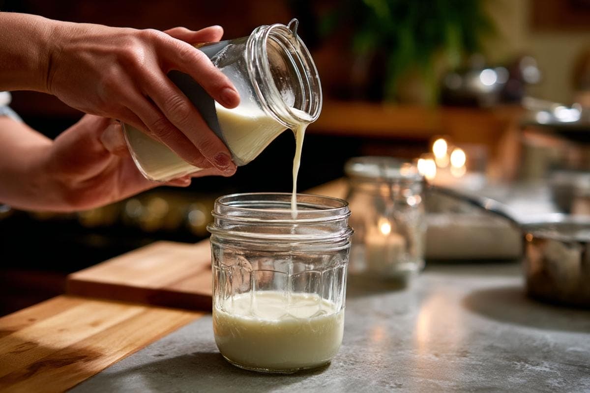 Pouring milk into a glass jar on counter.