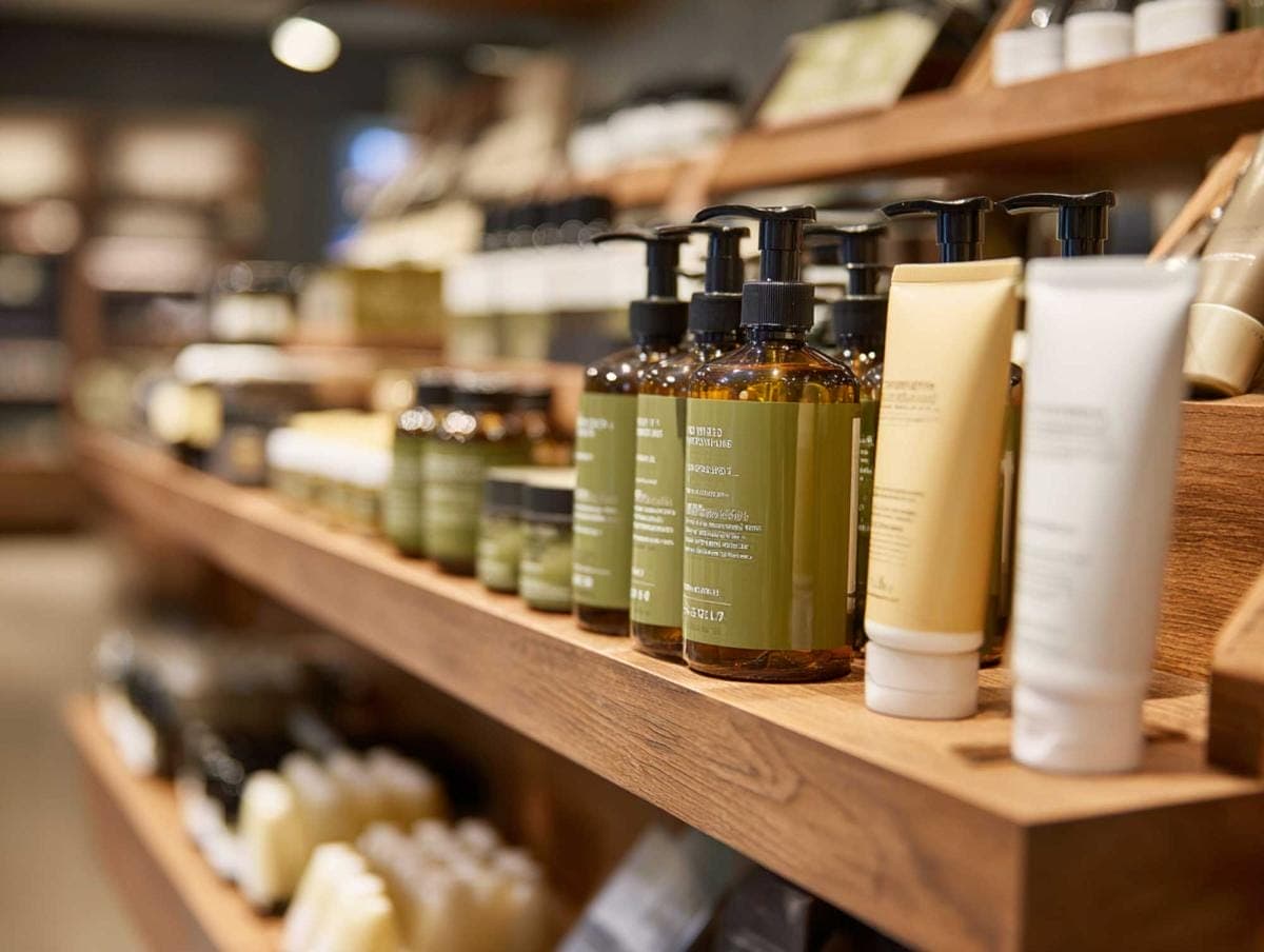 A store shelf with bottled skincare products.