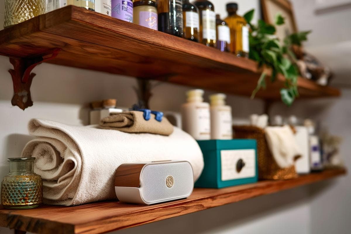 Wooden shelves with towels and toiletries in bathroom.