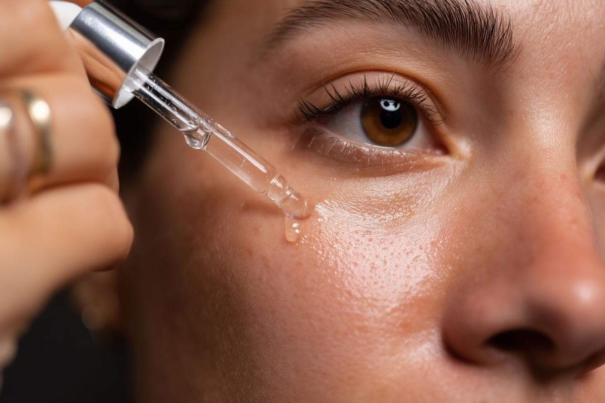Applying serum to face with dropper