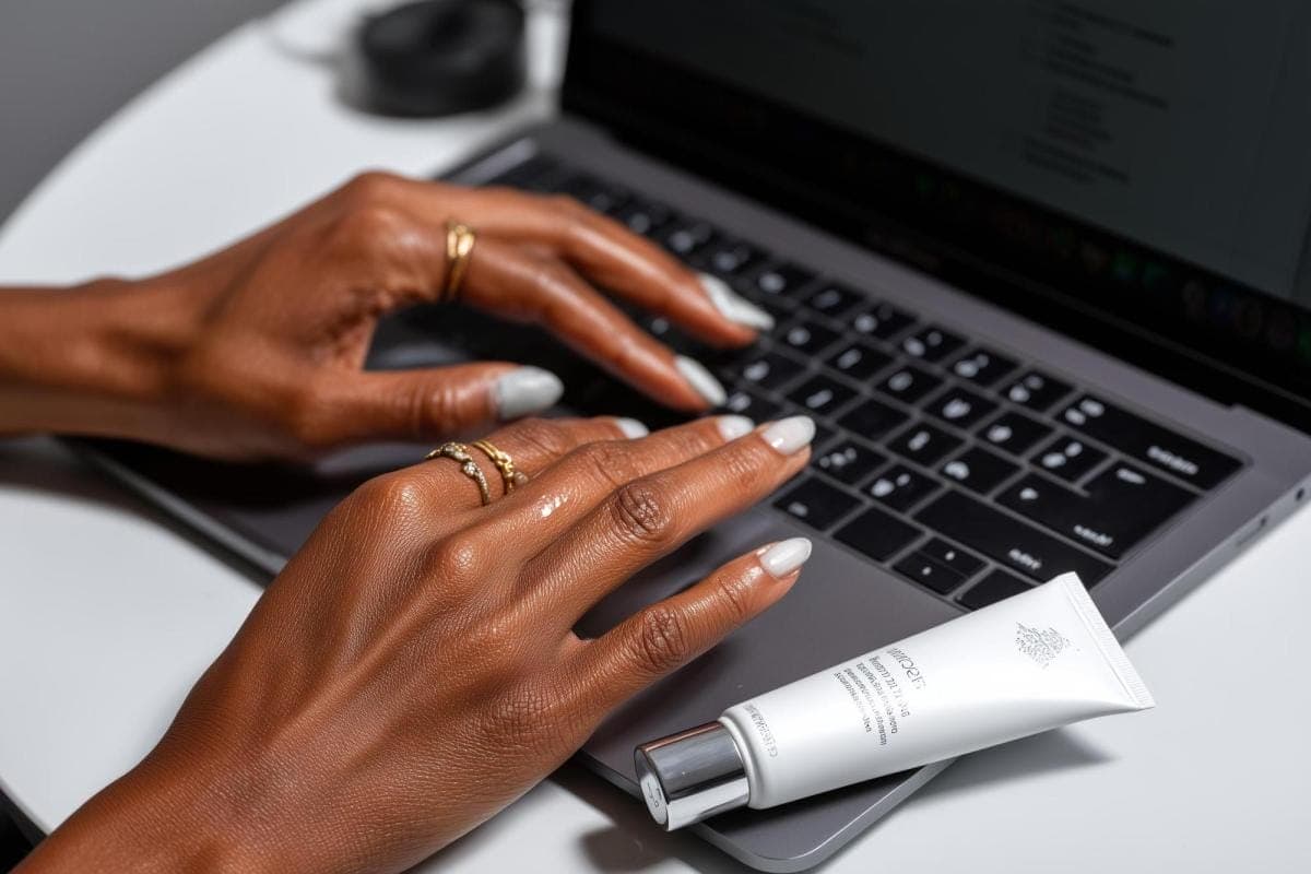 Typing on laptop with hand cream nearby.