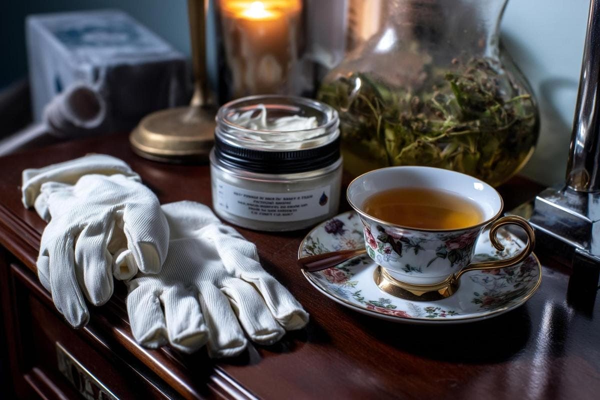 Tea cup, gloves, cream jar, candles; cozy setup.