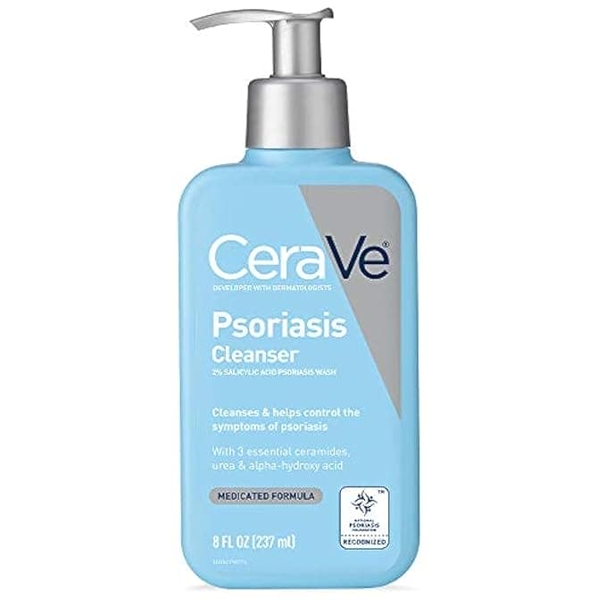CeraVe psoriasis cleanser bottle with blue packaging.