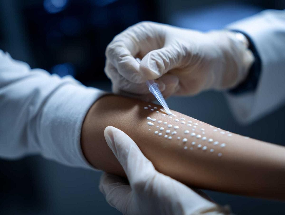 Allergy skin test on forearm with gloves.