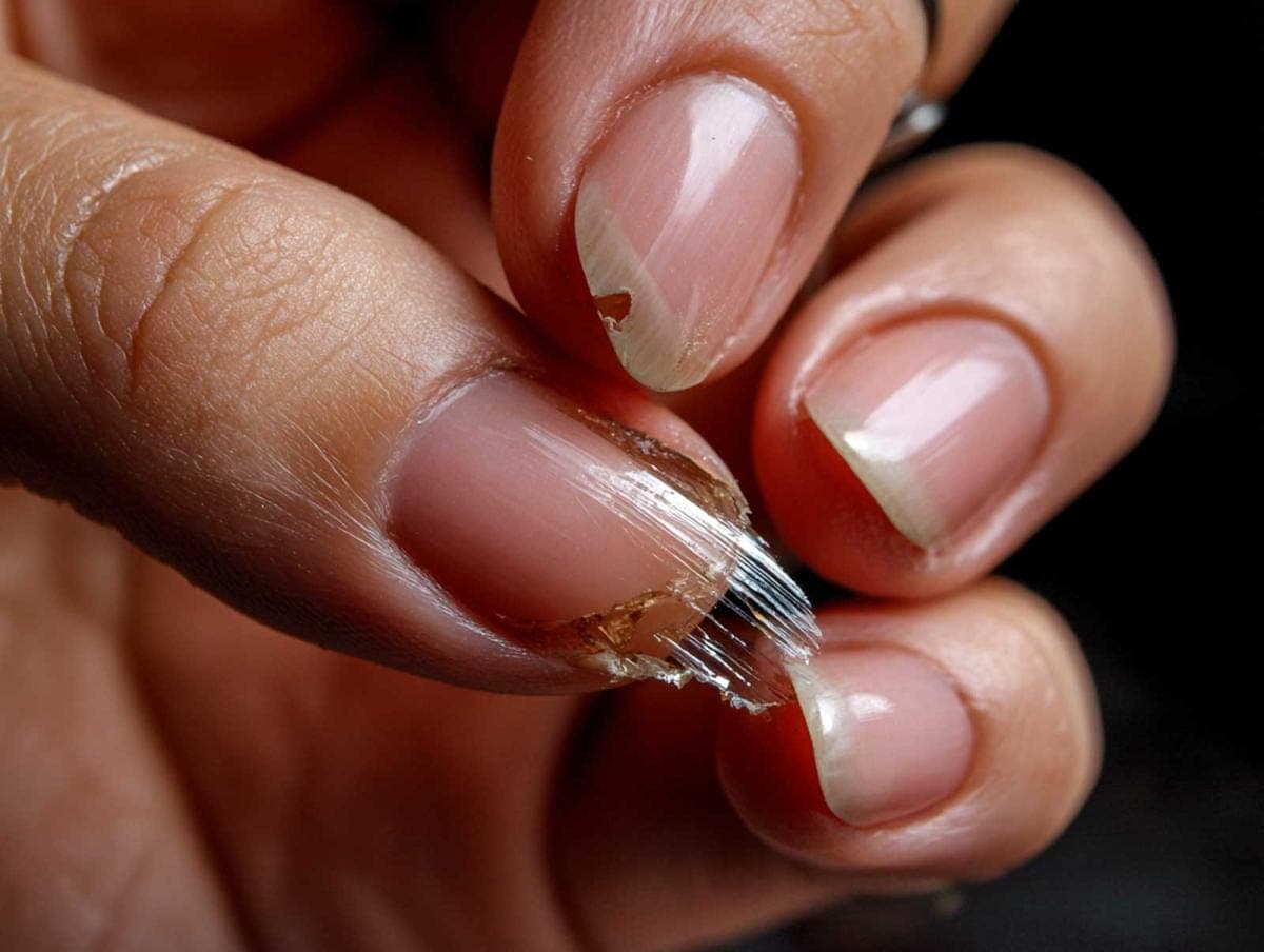 Close-up of broken fingernail on hand.