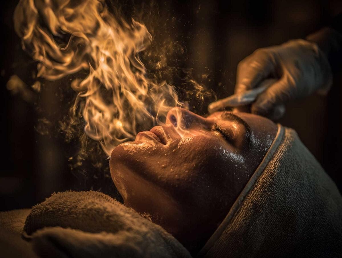 Facial treatment with therapeutic flames and towel wrap.
