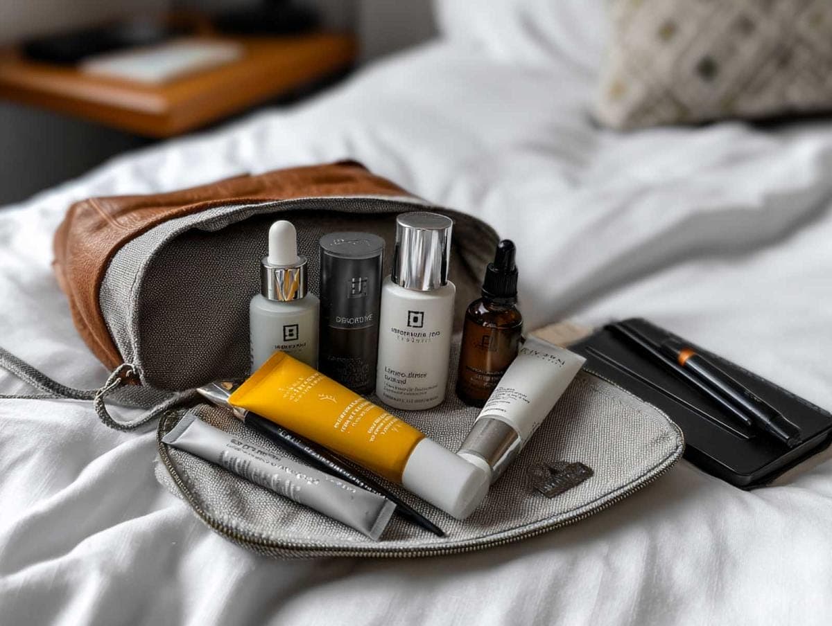 Cosmetic products in bag on bed