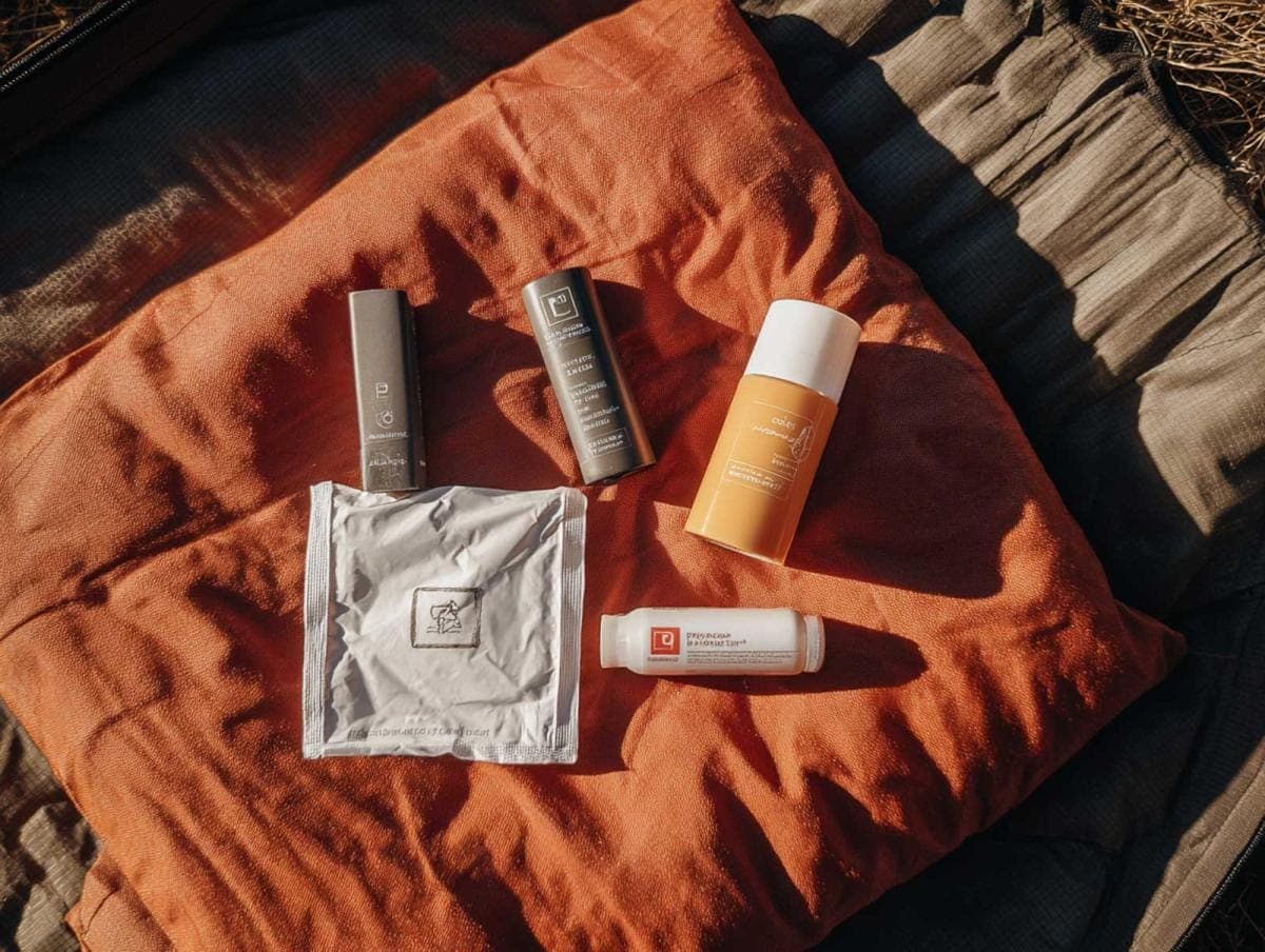 Skincare products on orange cushioned surface outdoors.