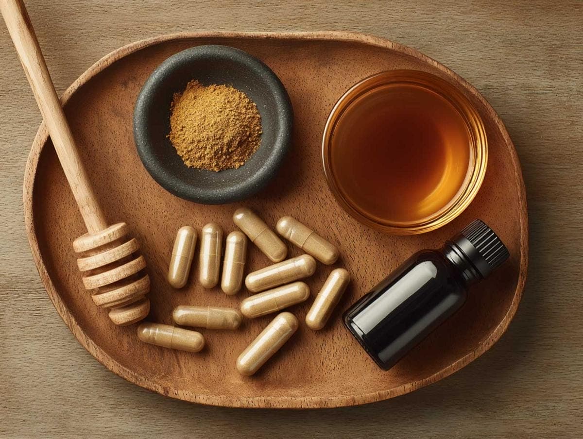 Herbal supplements, honey, and powder on wooden tray