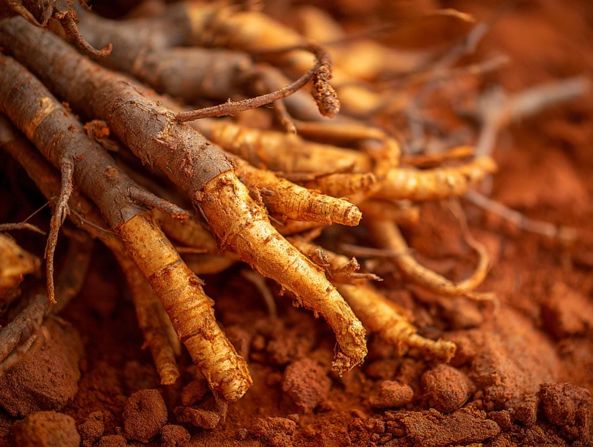 Close-up of fresh ginseng roots in soil