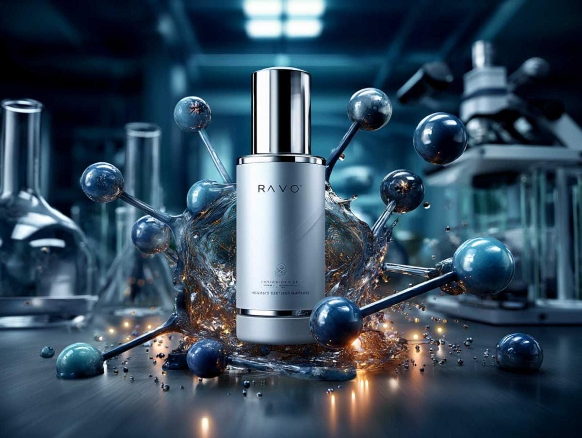 Futuristic skincare product with molecular design in laboratory.