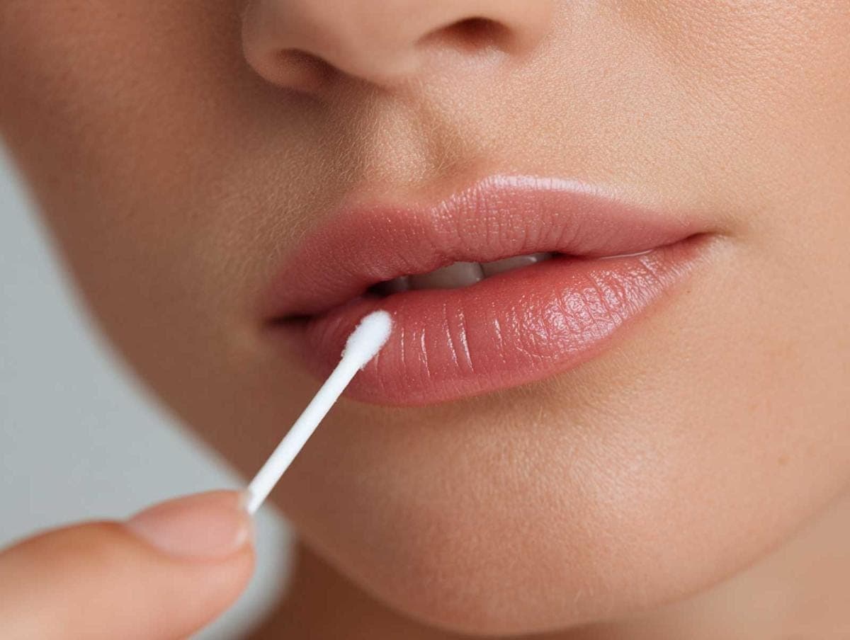 Close-up of lips with cotton swab.
