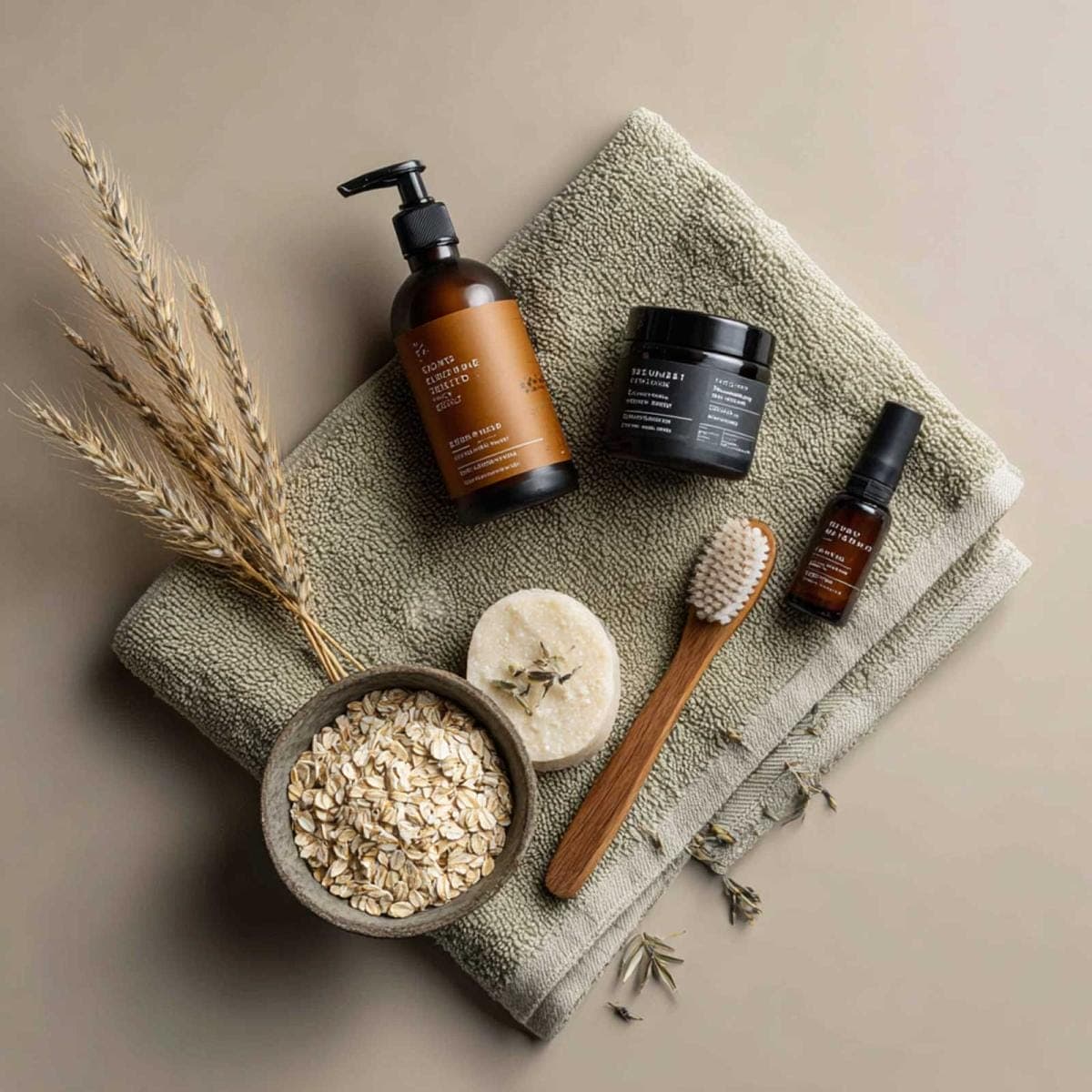 Natural skincare products on towel with oats and brush.