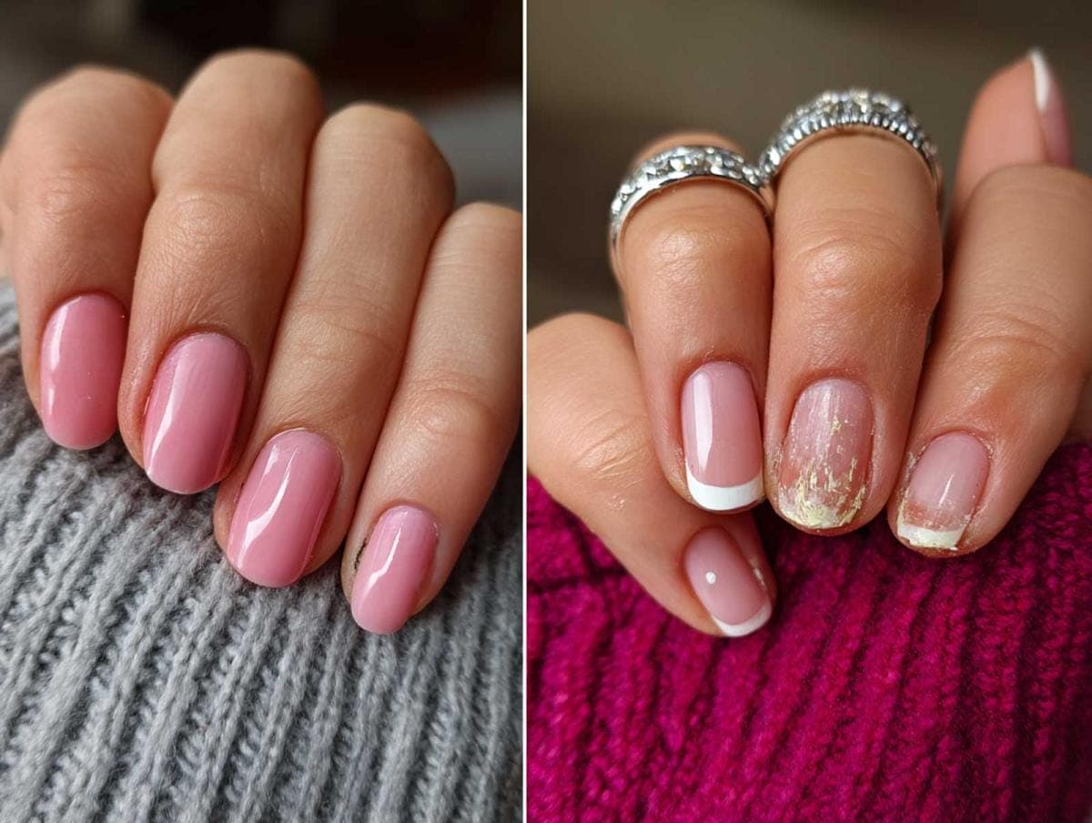 Pink manicure and French nails with gold flakes.