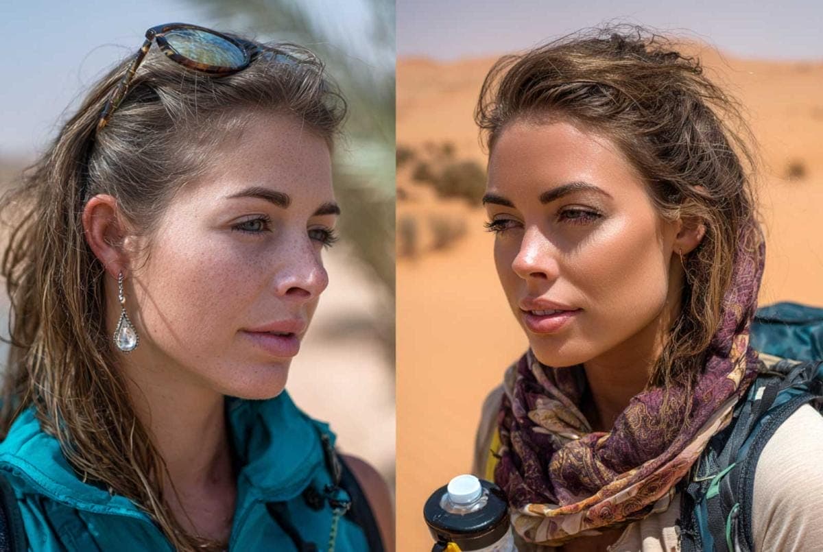 Woman in desert with sunglasses and scarf