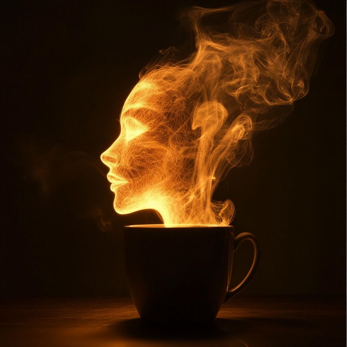 Steaming coffee cup forming a fiery face shape.