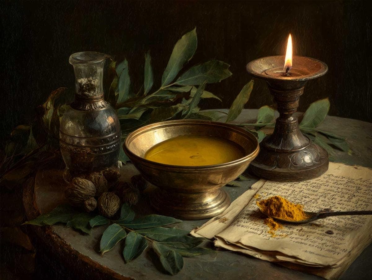 Still life with oil lamp and spices.