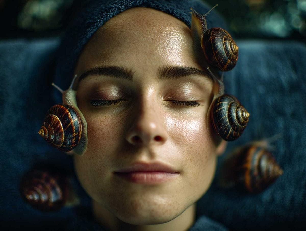 Woman with snails on face, blue towel background.