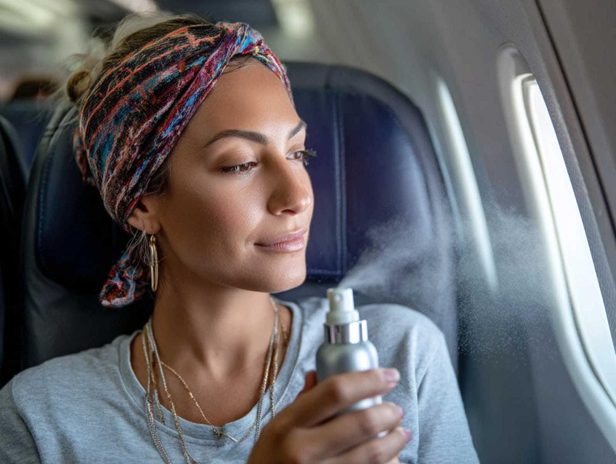 Woman spraying mist on airplane.