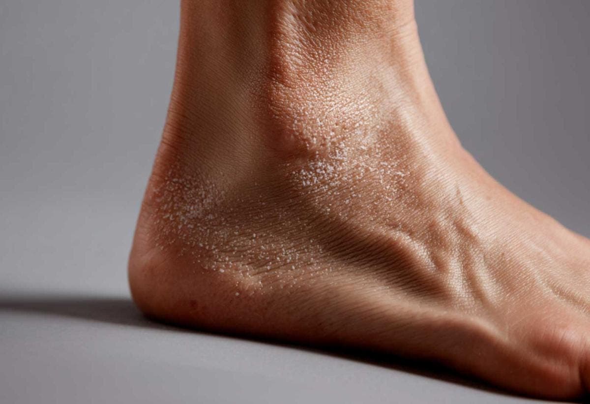 Close-up of dry, flaky skin on foot.