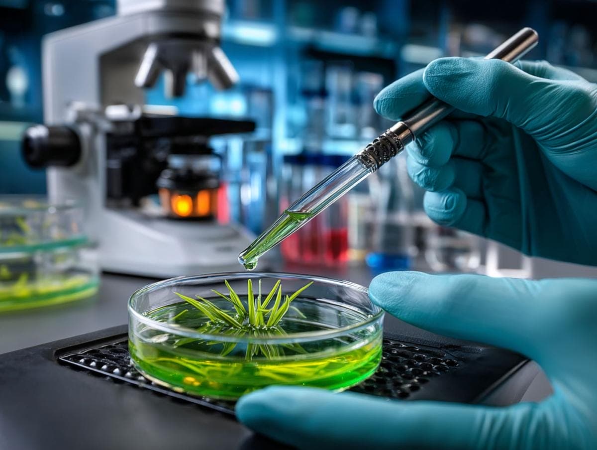 Scientist examining plant sample in laboratory