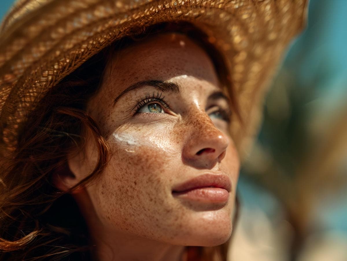 Woman in sun hat with freckles close-up