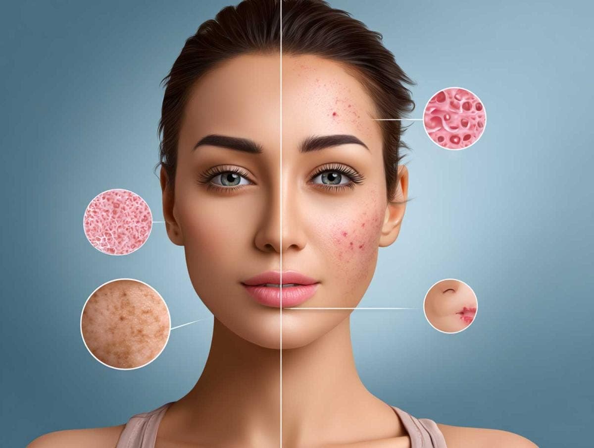 Woman with skin issues and healthy comparison.
