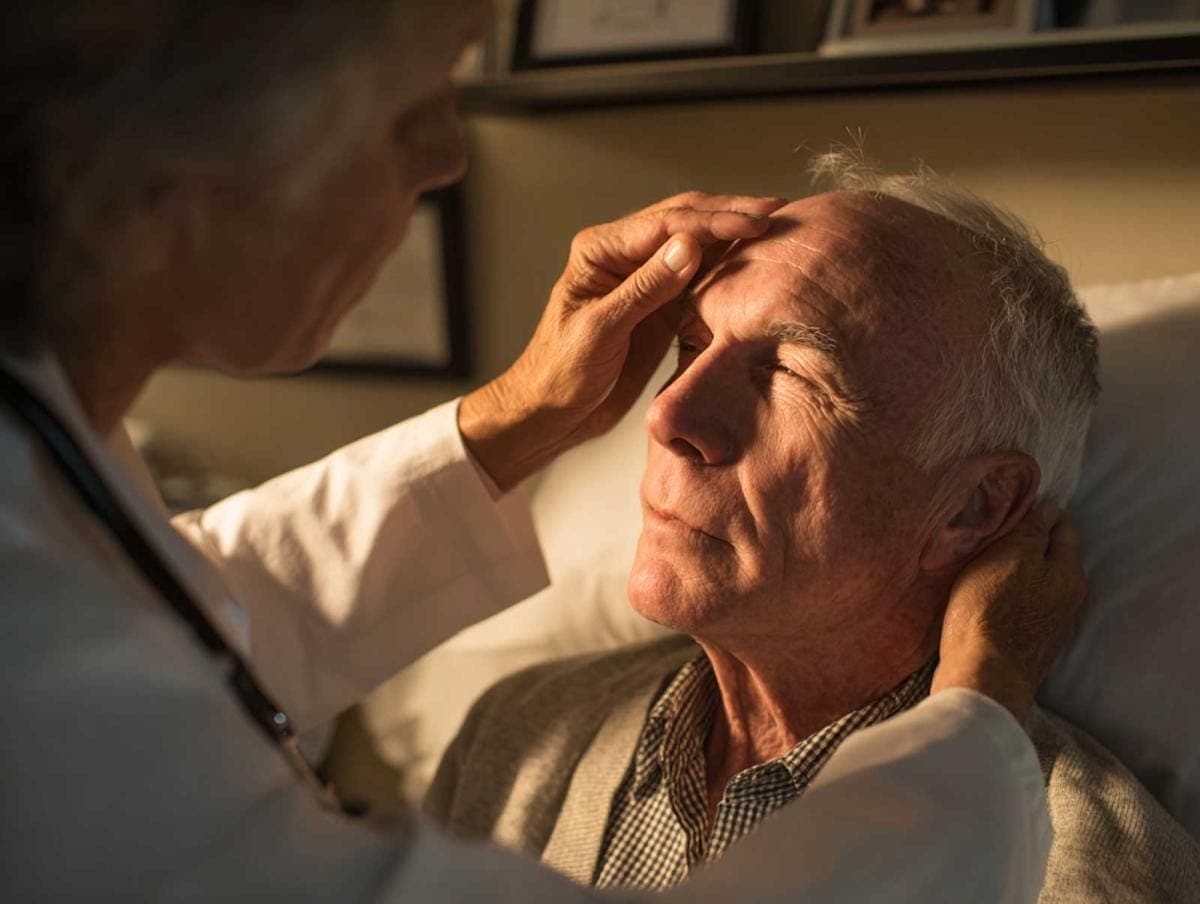 Doctor examining elderly man's forehead