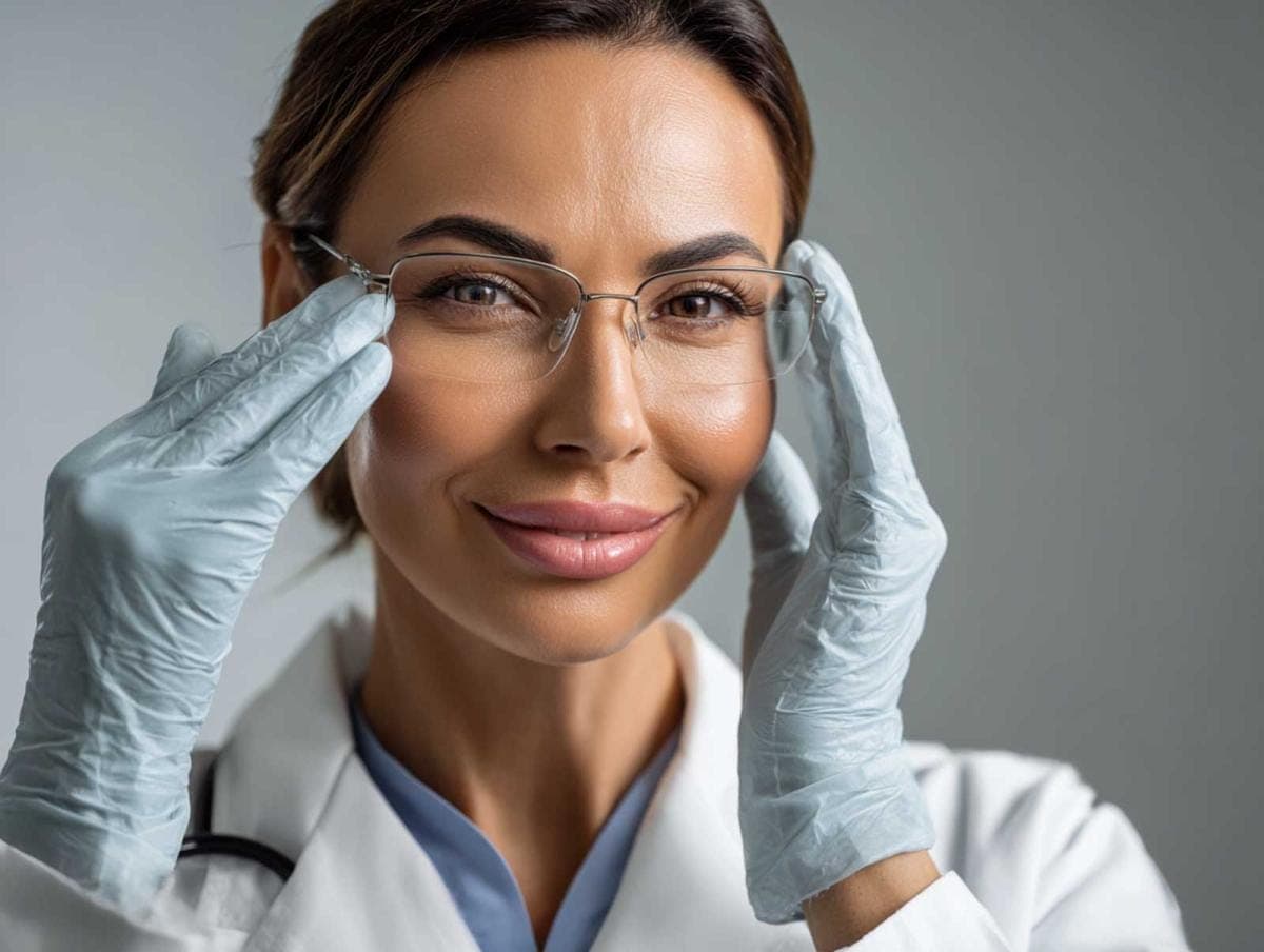 Smiling doctor adjusts eyeglasses with gloves.