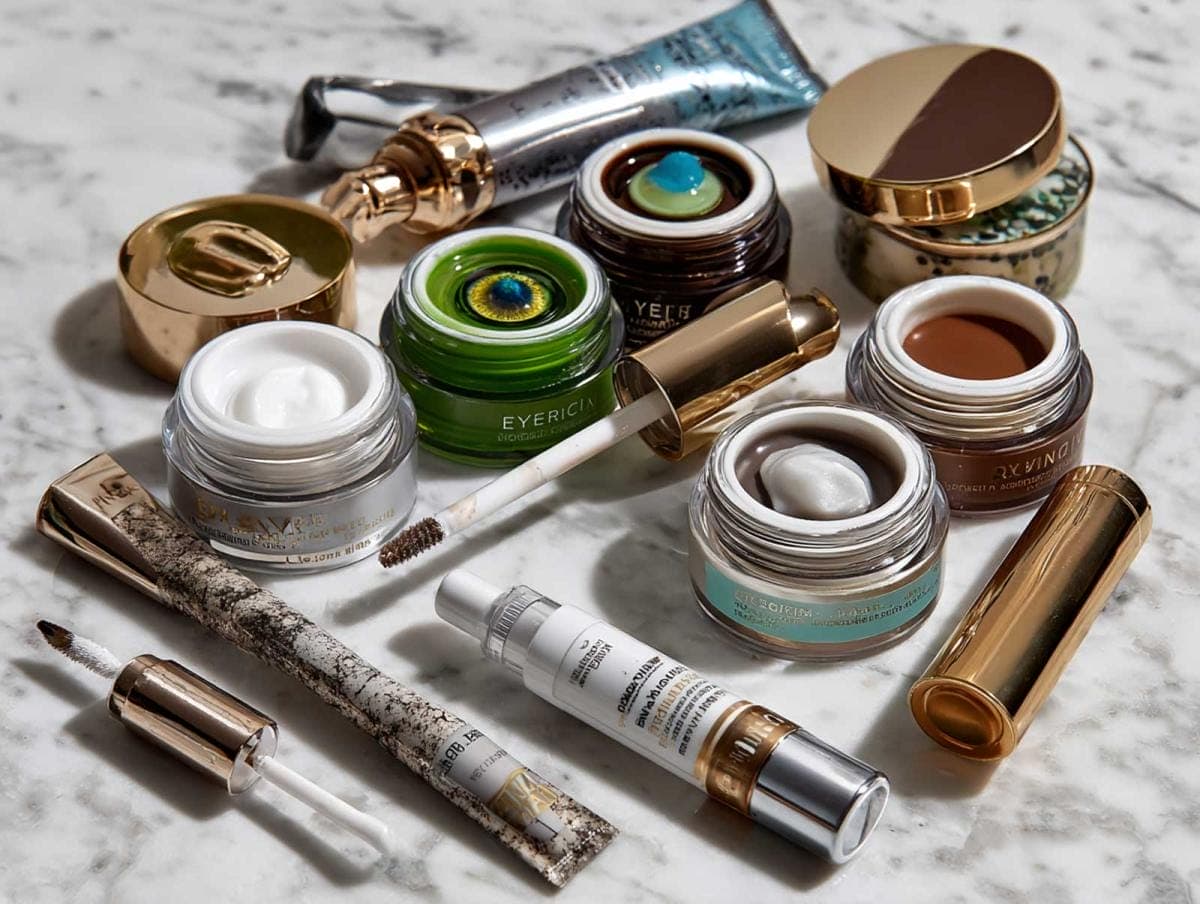 Luxury beauty skincare products on marble surface.