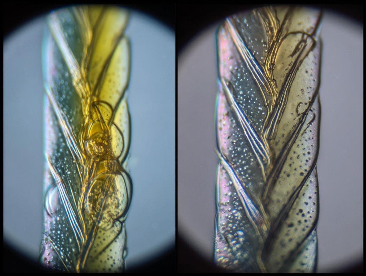 Microscopic view of colorful textile fibers