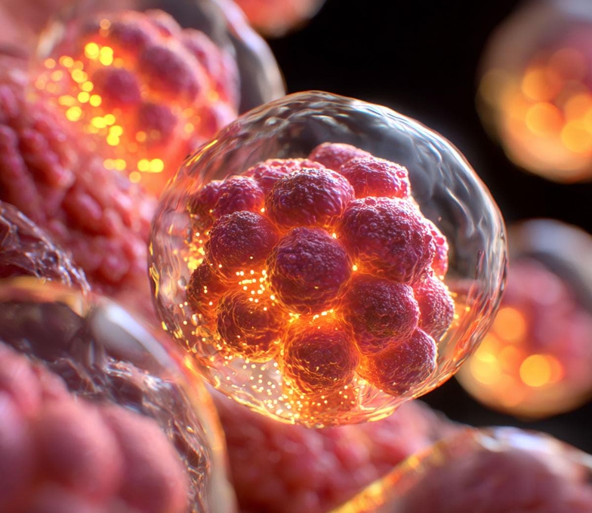 Glowing abstract 3D spherical cells close-up.