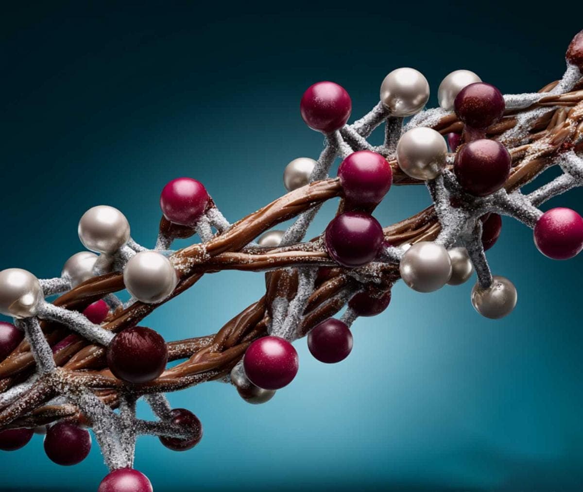 Artistic molecular structure with red and silver spheres.